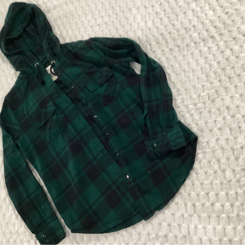 Garage Green and black plaid flannel hoodie size xsmall #flannel #plaid